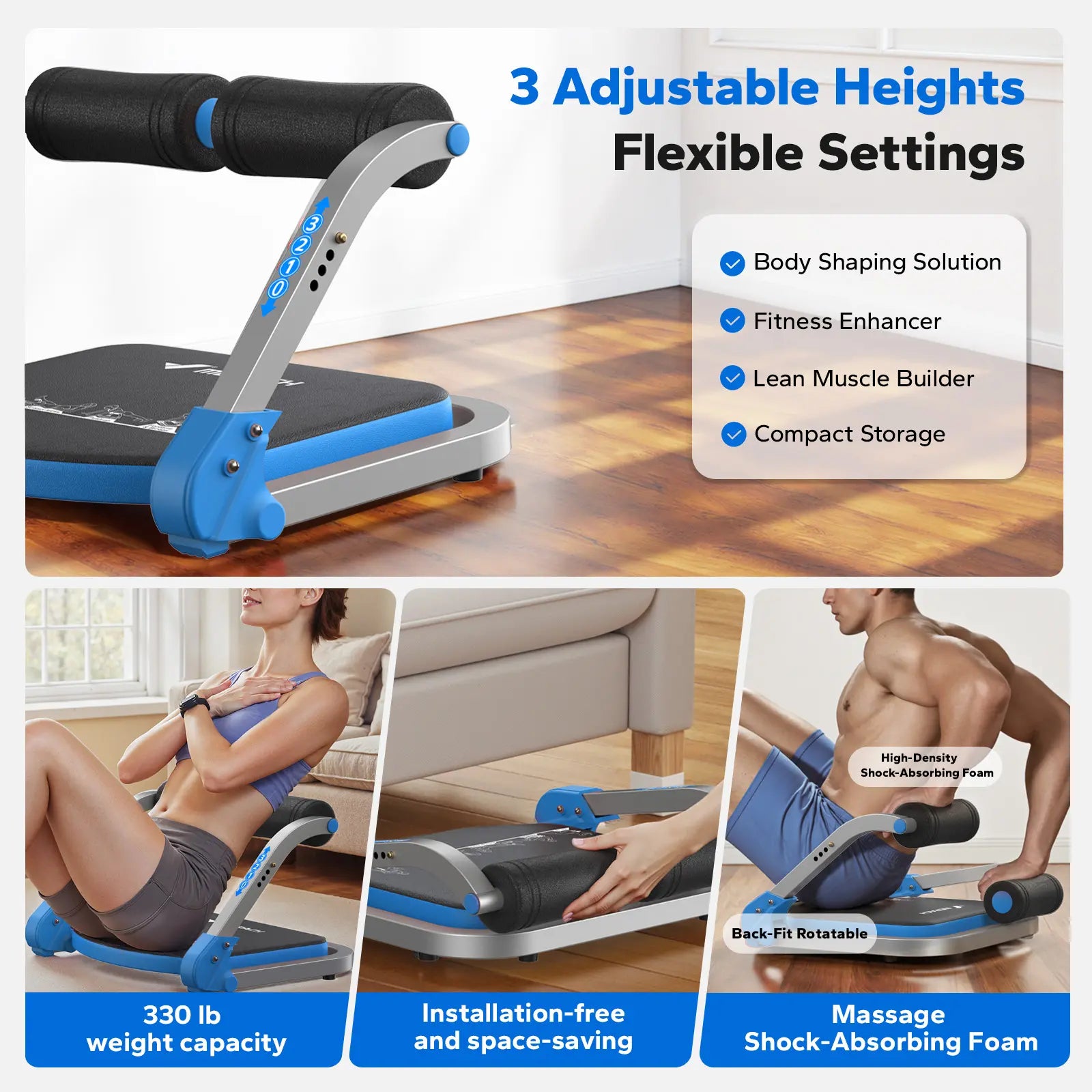 Compact 3-Speed Roll-Up Abdominal Machine, Sit-Up Workout Gear for Core Muscle Shaping